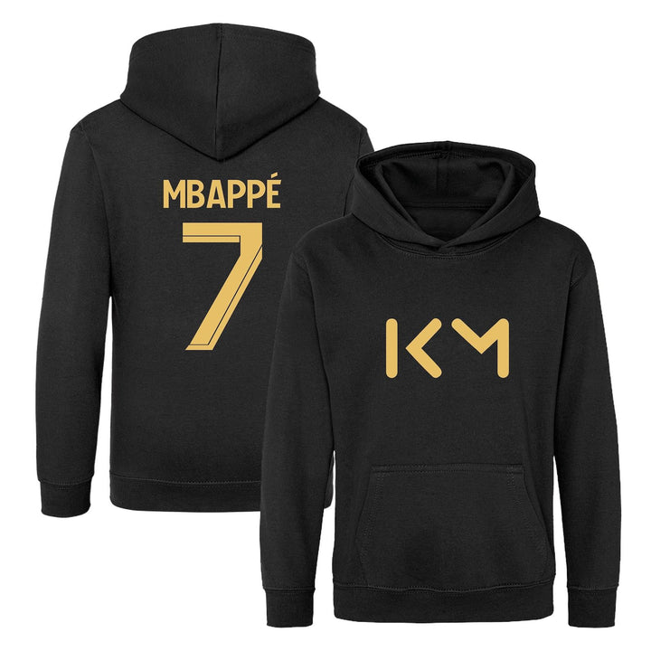 Kids Kylian Mbappe Inspired Soccer Hoodie Jumper footy merch Boys Girls 5-13yrs Number 7 # 7 Gold Print Front Back Christmas, Birthday Gift