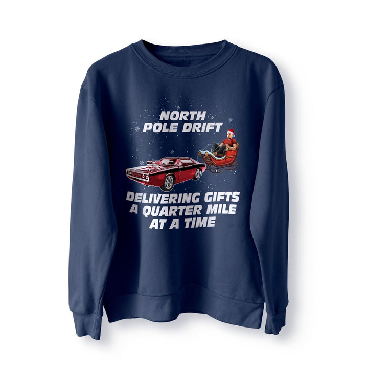 North Pole Drift Funny Christmas Jumper, Delivering Gifts a Quarter Mile at a Time, Xmas Sweater, Sweatshirt, Fast Furious Dom Camaro Sleigh