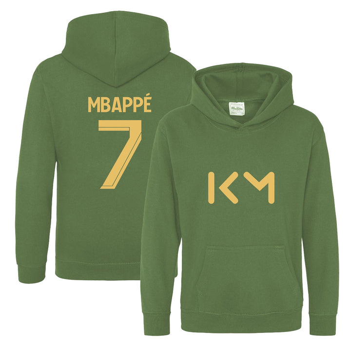 Kids Kylian Mbappe Inspired Soccer Hoodie Jumper footy merch Boys Girls 5-13yrs Number 7 # 7 Gold Print Front Back Christmas, Birthday Gift