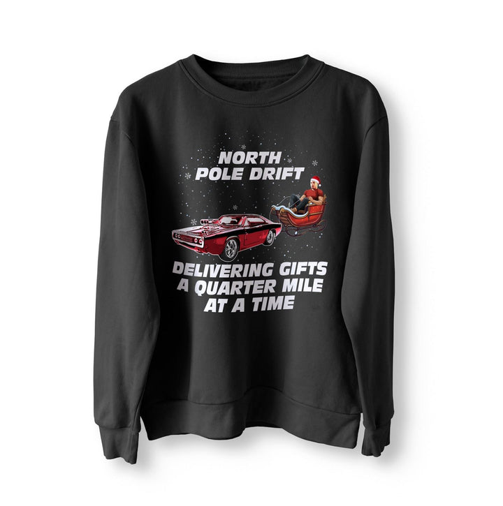 North Pole Drift Funny Christmas Jumper, Delivering Gifts a Quarter Mile at a Time, Xmas Sweater, Sweatshirt, Fast Furious Dom Camaro Sleigh