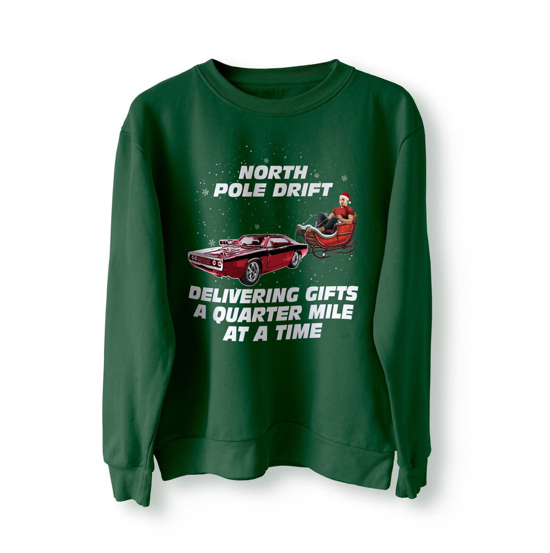 North Pole Drift Funny Christmas Jumper, Delivering Gifts a Quarter Mile at a Time, Xmas Sweater, Sweatshirt, Fast Furious Dom Camaro Sleigh