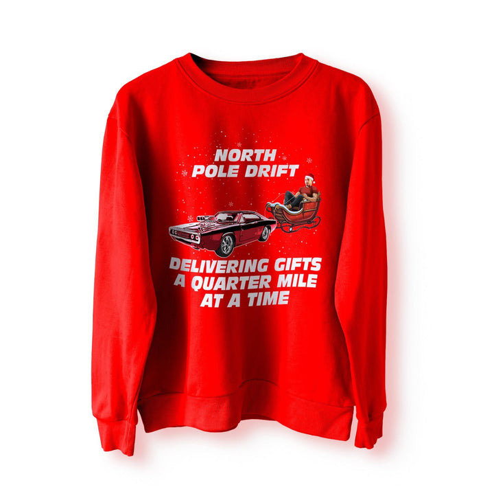 North Pole Drift Funny Christmas Jumper, Delivering Gifts a Quarter Mile at a Time, Xmas Sweater, Sweatshirt, Fast Furious Dom Camaro Sleigh