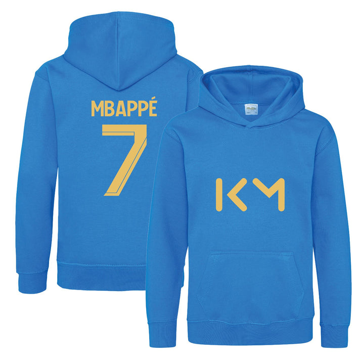 Kids Kylian Mbappe Inspired Soccer Hoodie Jumper footy merch Boys Girls 5-13yrs Number 7 # 7 Gold Print Front Back Christmas, Birthday Gift