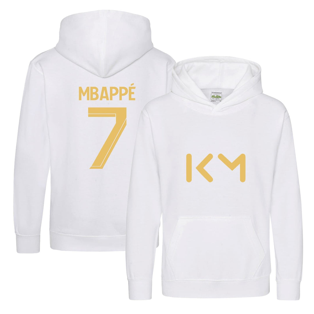 Kids Kylian Mbappe Inspired Soccer Hoodie Jumper footy merch Boys Girls 5-13yrs Number 7 # 7 Gold Print Front Back Christmas, Birthday Gift