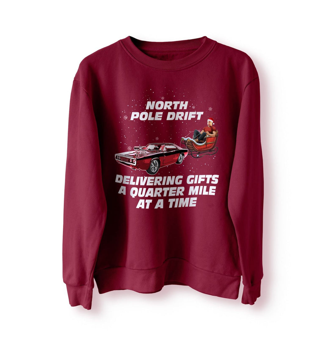 North Pole Drift Funny Christmas Jumper, Delivering Gifts a Quarter Mile at a Time, Xmas Sweater, Sweatshirt, Fast Furious Dom Camaro Sleigh