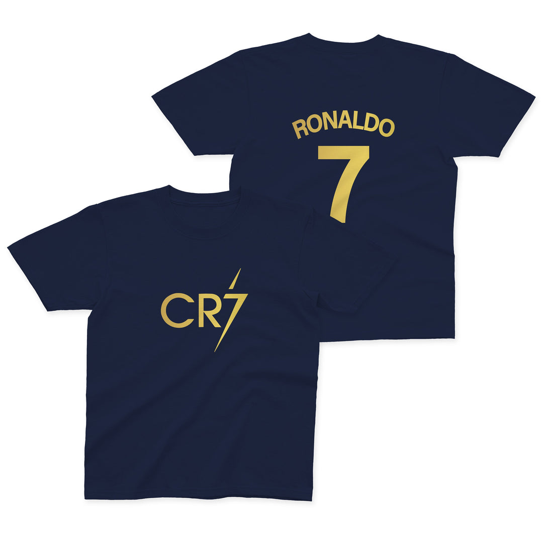 CR7 T-Shirt Boys Ronaldo Football Gift Kids Gold Front and Back Print Cristiano Shirt 5-13 Yrs